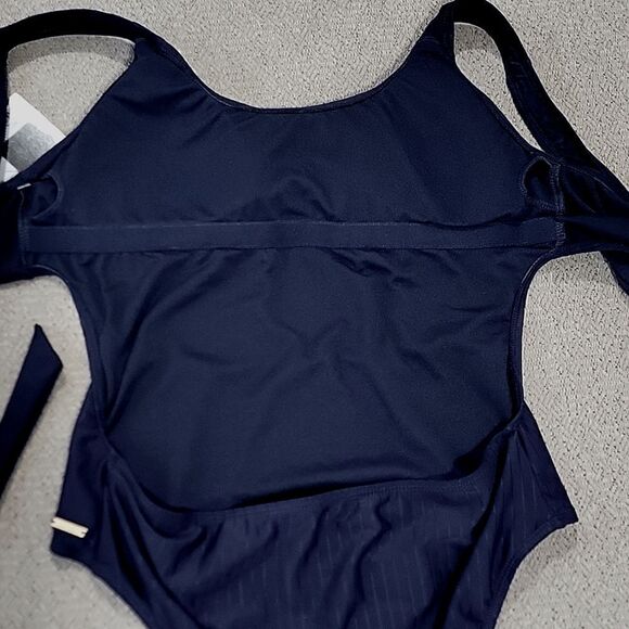 Nine West Solid Navy Blue Ribbed Tie Back One Piece Swimsuit - Size Large - Picture 13 of 15